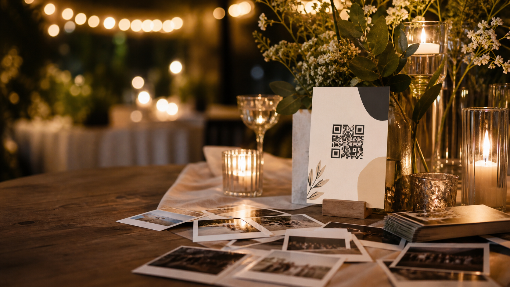 Event table with QR memory card, printed photos, candles, and celebration details